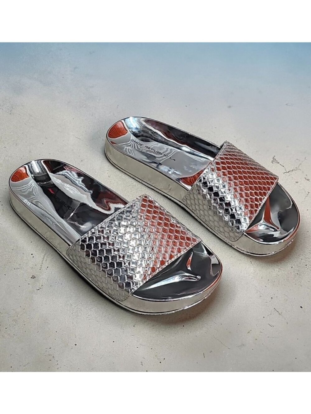 Metallic Silver Open-Toe Slide Sandals With Textured Upper & Clear Rubber Soles